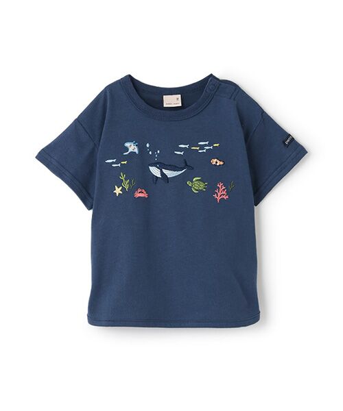 petit main / プティマイン Tシャツ | 海の生き物刺繍半袖Tシャツ(ブル-)