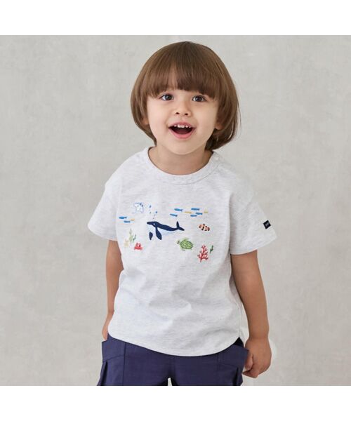 petit main / プティマイン Tシャツ | 海の生き物刺繍半袖Tシャツ(シロモク)