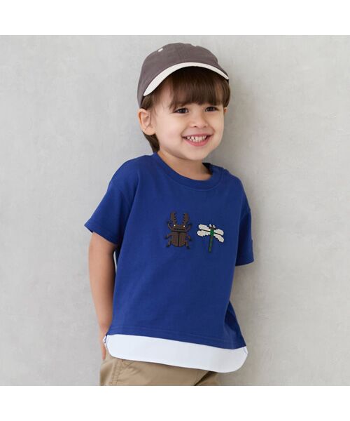 petit main/プティマイン ブロックプリント半袖Tシャツ ブル- 110 petit main/プティマイン ブロックプリント半袖Tシャツ ブル- 110