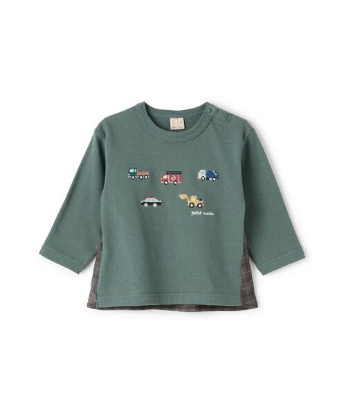 petit main/プティマイン 働く車刺繍長袖Tシャツ イエロ-グリ-ン 80 petit main/プティマイン 働く車刺繍長袖Tシャツ イエロ-グリ-ン 80