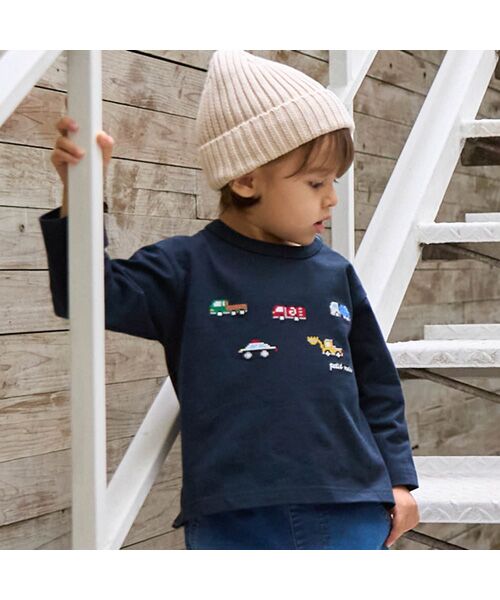 petit main/プティマイン 働く車刺繍長袖Tシャツ コン 110 petit main/プティマイン 働く車刺繍長袖Tシャツ コン 110