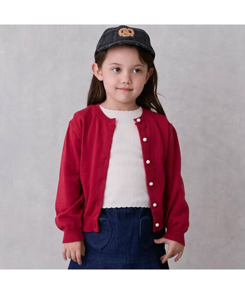 petit main/プティマイン 【ﾘﾝｸ】ﾊﾟｰﾙﾎﾞﾀﾝﾆｯﾄｶｰﾃﾞｨｶﾞﾝ ｱｶ L