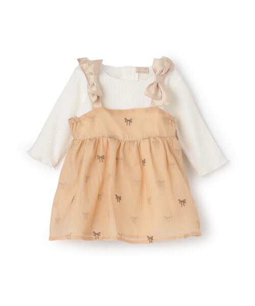 petit main/プティマイン ﾘﾎﾞﾝ刺繍OPｾｯﾄｱｯﾌﾟ ﾍﾞ-ｼﾞｭ 70