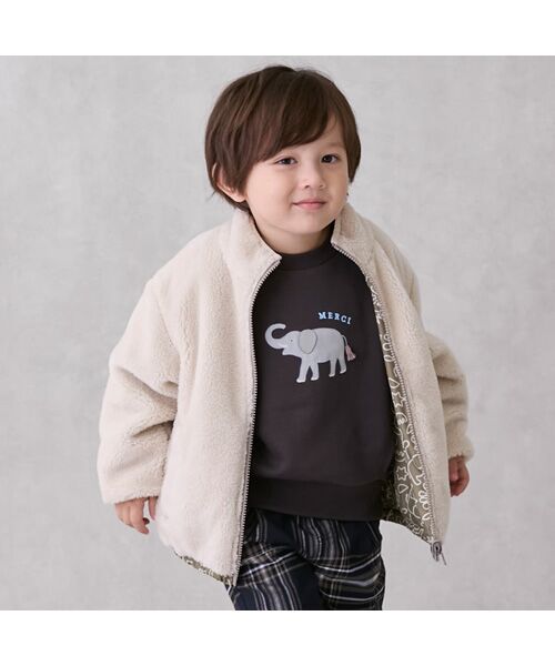 petit main/プティマイン 【撥水加工】柄×ボアブルゾン アイボリ- 100