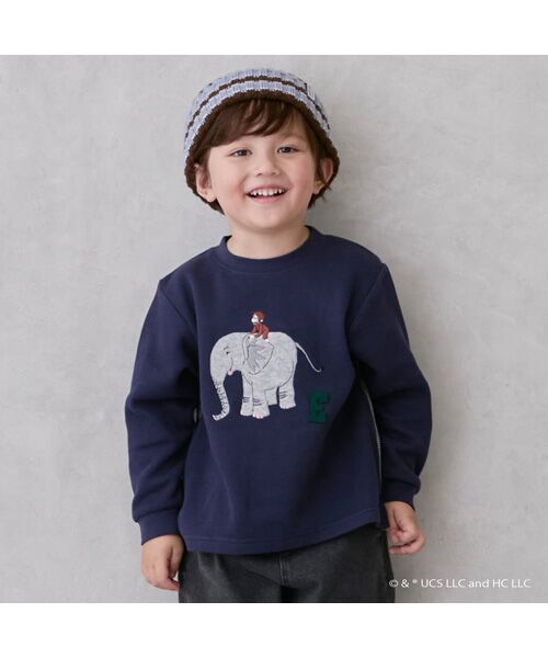 petit main/プティマイン 【おさるのジョージ】接結アップリケ長袖Tシャツ コン 100 petit main/プティマイン 【おさるのジョージ】接結アップリケ長袖Tシャツ コン 100
