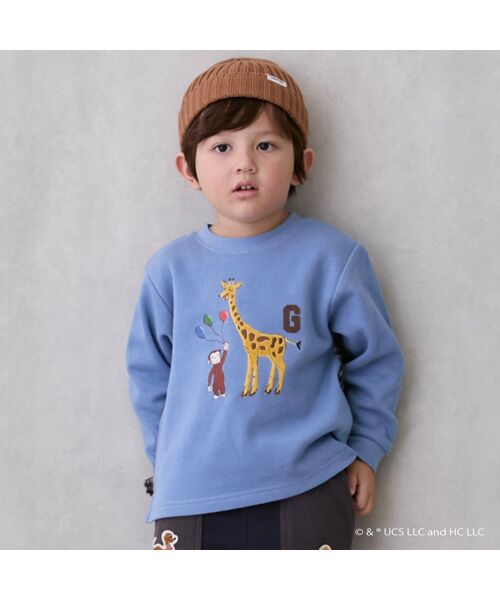 petit main/プティマイン 【おさるのジョージ】接結アップリケ長袖Tシャツ ブル- 130 petit main/プティマイン 【おさるのジョージ】接結アップリケ長袖Tシャツ ブル- 130