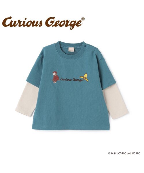 petit main/プティマイン 【おさるのｼﾞｮｰｼﾞ】重ね着長袖ﾄﾚｰﾅｰ ﾌﾞﾙ-ｸﾞﾘ-ﾝ 80