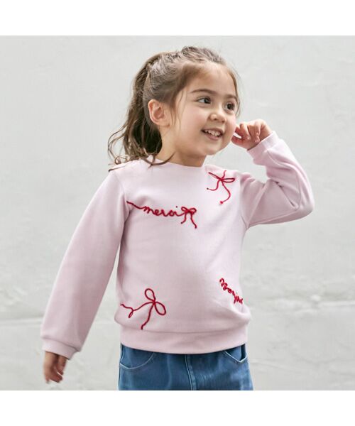 petit main/プティマイン ロゴ刺繍長袖Tシャツ ピンク 90