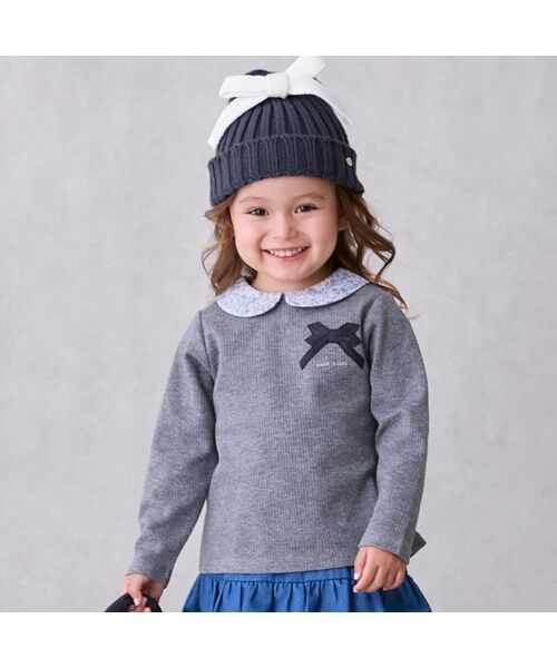 petit main/プティマイン 衿付きリボン長袖Tシャツ チャコ-ル 120