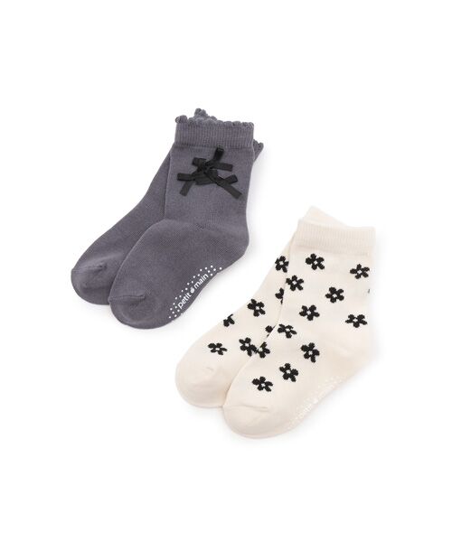 petit main/プティマイン リボン花柄ソックス2P ブル-グレ- SS petit main/プティマイン リボン花柄ソックス2P ブル-グレ- SS