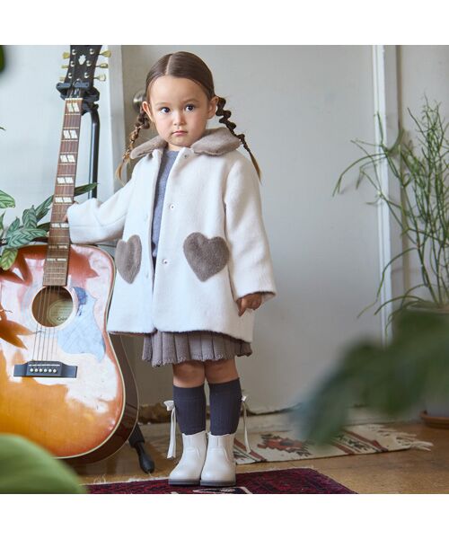 petit main/プティマイン ファー襟ハートポケットコート アイボリ- 80