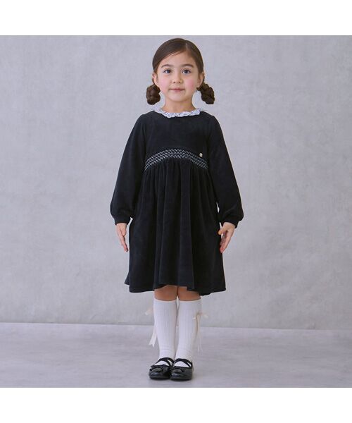 petit main / プティマイン ミニ丈・ひざ丈ワンピース | ベロアレースワンピース(クロ)