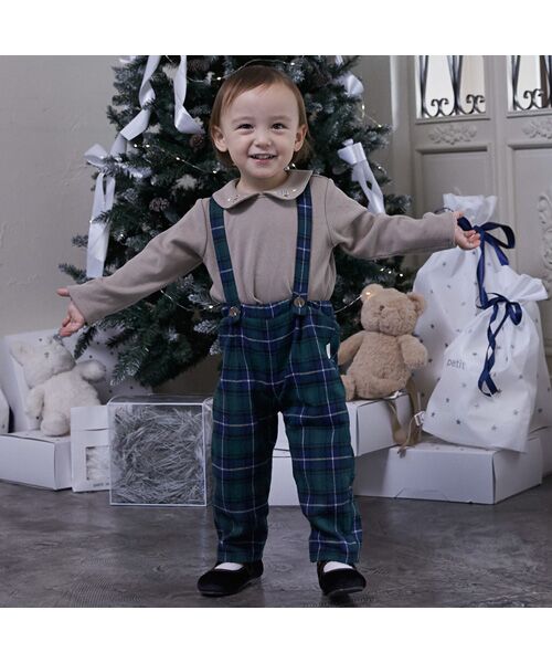 petit main / プティマイン Tシャツ | 衿付き長T+サス付パンツセット（グリ-ン）