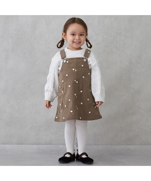 petit main / プティマイン ミニ丈・ひざ丈ワンピース | ハート刺繍コーデュロイジャンスカ（チャ）