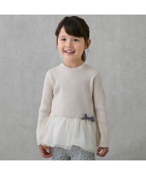 petit main / プティマイン チュニック | 【フワもちっと】ニットペプラムチュールチュニック（アイボリ-）