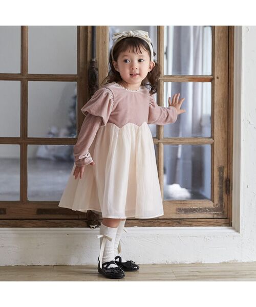 petit main / プティマイン ミニ丈・ひざ丈ワンピース | パフ袖シフォンワンピース（ピンク）