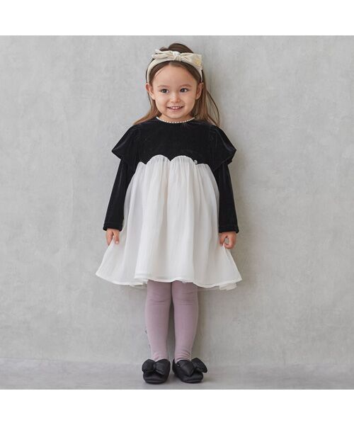 petit main / プティマイン ミニ丈・ひざ丈ワンピース | パフ袖シフォンワンピース（クロ）