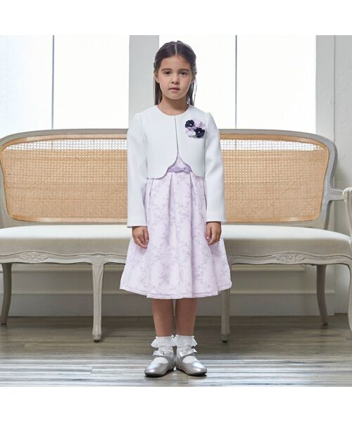 petit main / プティマイン ミニ丈・ひざ丈ワンピース | レースOP+ノーカラーJKセット（ラベンダ-）