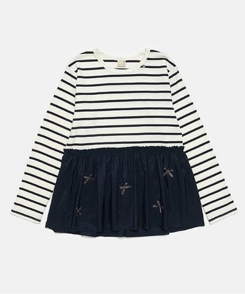 petit main / プティマイン Tシャツ | 【リンク】リボンペプラム長T(ジュニア)（紺）