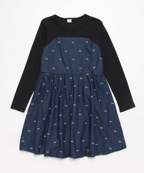 petit main / プティマイン ミニ丈・ひざ丈ワンピース | 【リンク】リボン刺繍ワンピース(ジュニア)（紺）