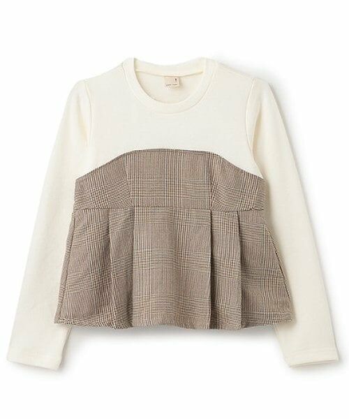petit main / プティマイン Tシャツ | 【リンク】チェックドッキング長T(ジュニア)（茶）