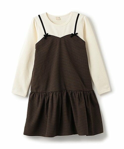 petit main / プティマイン ミニ丈・ひざ丈ワンピース | 【リンク】ギンガムドッキングワンピース(ジュニア)（茶）