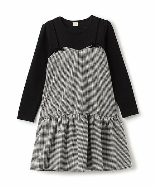 petit main / プティマイン ミニ丈・ひざ丈ワンピース | 【リンク】ギンガムドッキングワンピース(ジュニア)（黒）