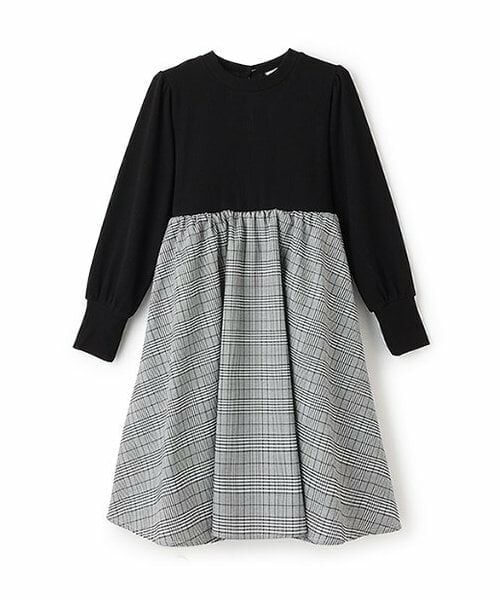 petit main / プティマイン ミニ丈・ひざ丈ワンピース | 【リンク】チェック切り替えワンピース(ジュニア)（黒）