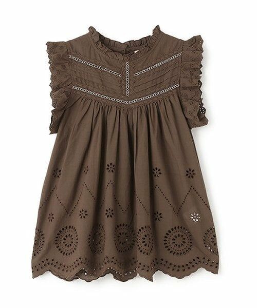 petit main / プティマイン Tシャツ | 【リンク】オーバーレースチュニック(ジュニア)（コゲ茶）