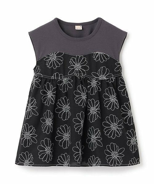 petit main / プティマイン Tシャツ | 【リンク】お花刺しゅうドッキングT(ジュニア)（黒）