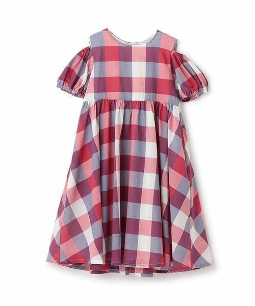 petit main / プティマイン ミニ丈・ひざ丈ワンピース | 【リンク】肩あきチェックワンピース(ジュニア)（赤）