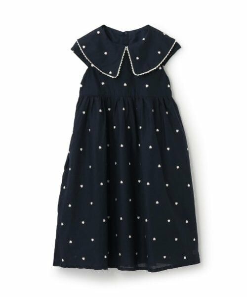 petit main / プティマイン ミニ丈・ひざ丈ワンピース | 【リンク】ハート刺しゅうワンピース(ジュニア)（紺）