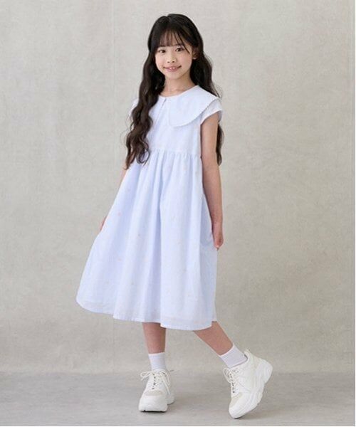 petit main / プティマイン ミニ丈・ひざ丈ワンピース | 【リンク】ハート刺しゅうワンピース(ジュニア)（ブルー）