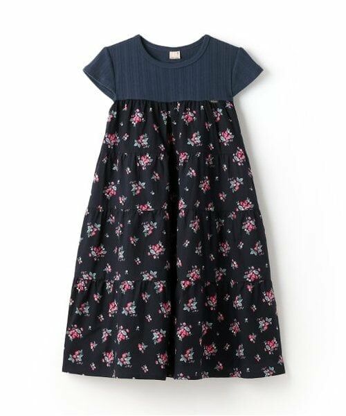 petit main / プティマイン ミニ丈・ひざ丈ワンピース | 【リンク】いちご柄ドッキングワンピース(ジュニア)（紺）