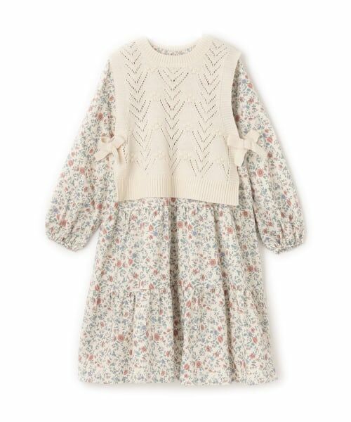 petit main / プティマイン ミニ丈・ひざ丈ワンピース | 【リンク】ベストつきティアードワンピース(ジュニアサイズ)（アイボリー）