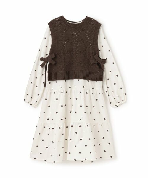 petit main / プティマイン ミニ丈・ひざ丈ワンピース | 【リンク】ベストつきティアードワンピース(ジュニアサイズ)（茶）