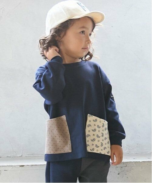 petit main / プティマイン Tシャツ | 【オーガニック】柄ポケットTシャツ（紺）