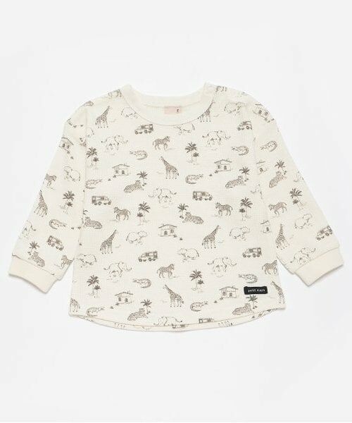 petit main / プティマイン Tシャツ | ワッフル動物総柄長袖T（アイボリー）