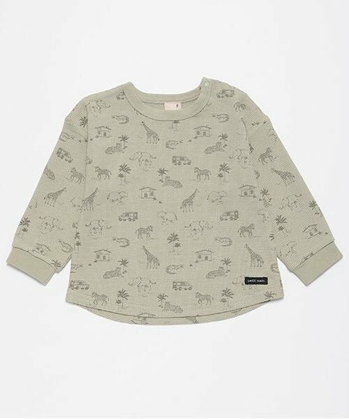 petit main / プティマイン Tシャツ | ワッフル動物総柄長袖T（薄カーキ）