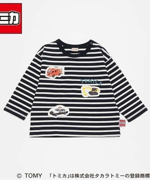 petit main / プティマイン Tシャツ | 【TOMICA】ボーダーアップリケ長袖Tシャツ（紺）