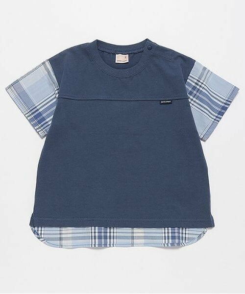 petit main / プティマイン Tシャツ | 【リンク・接触冷感】袖チェックTシャツ（紺）
