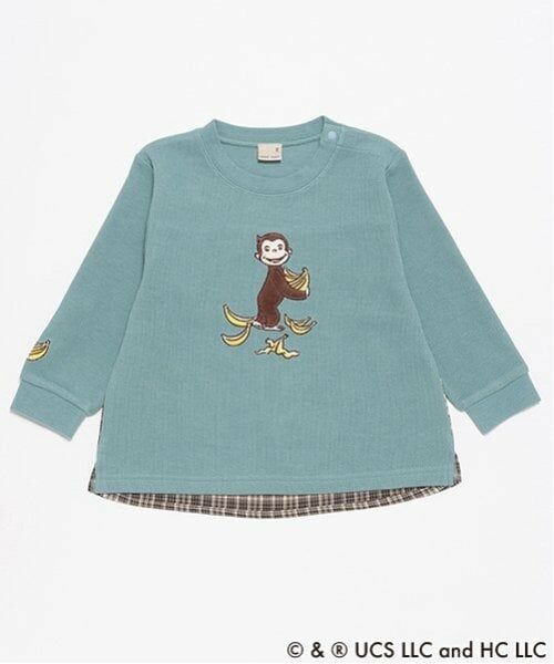 petit main / プティマイン Tシャツ | 【おさるのジョージ】グラフィック長袖Tシャツ(ブルー グリーン)