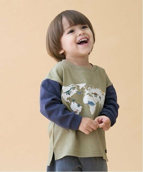 petit main / プティマイン Tシャツ | 恐竜刺しゅう長袖Tシャツ（カーキ）