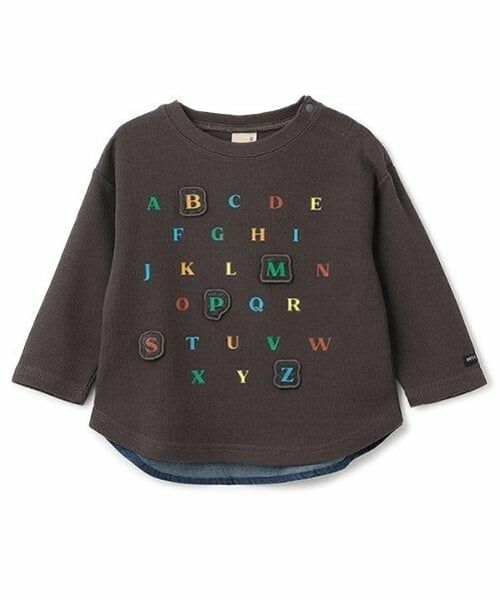petit main / プティマイン Tシャツ | ABCアップリケ長袖Tシャツ(チャコール)