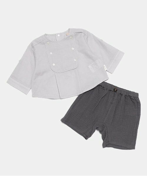 petit main / プティマイン ベビー・キッズウエア | スクエアブラウス+パンツセット(ライト グレー)