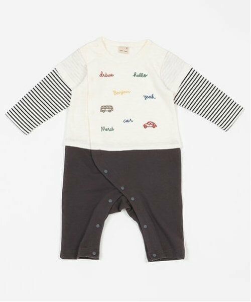 petit main / プティマイン ロンパース | 乗り物刺しゅうカバーオール（アイボリー）