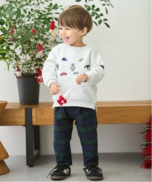 petit main / プティマイン その他パンツ | 裏起毛チェックテーパードパンツ（グリーン）