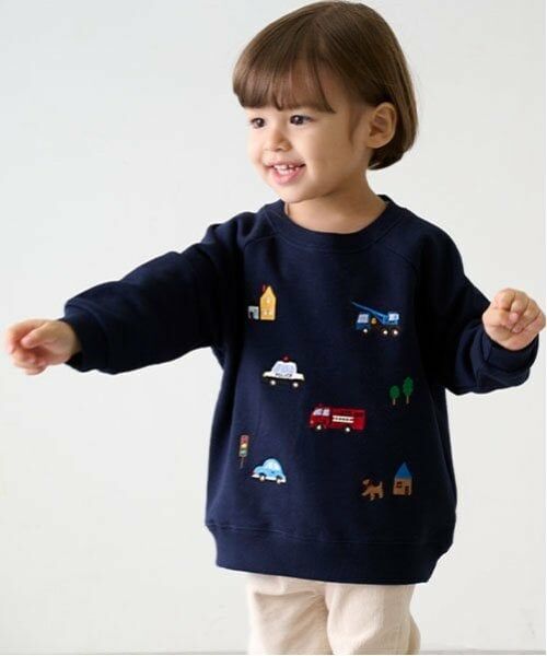 petit main / プティマイン スウェット | 働く車刺しゅうトレーナー（紺）