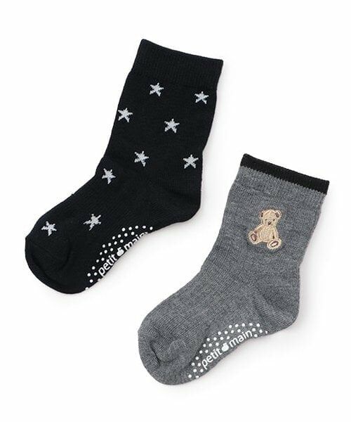 petit main / プティマイン ソックス | くま&星クルーソックス2P（トップ グレー）