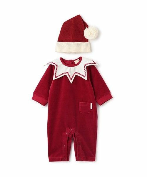 petit main / プティマイン ロンパース | Xmas なりきりサンタ帽付きカバーオール（赤）